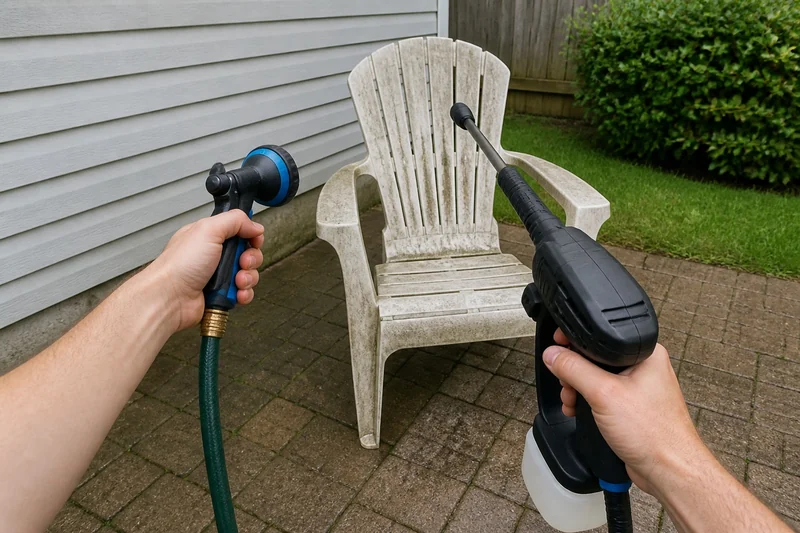 Hands compare a garden-hose nozzle with a generic cordless power-cleaner wand in front of a weathered patio chair.