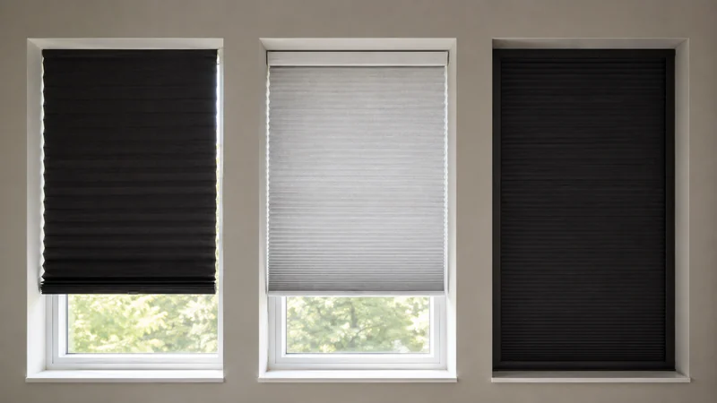 Three apartment windows compare a black temporary pleated shade, a white pressure-fit cellular shade, and a dark tracked blackout system.
