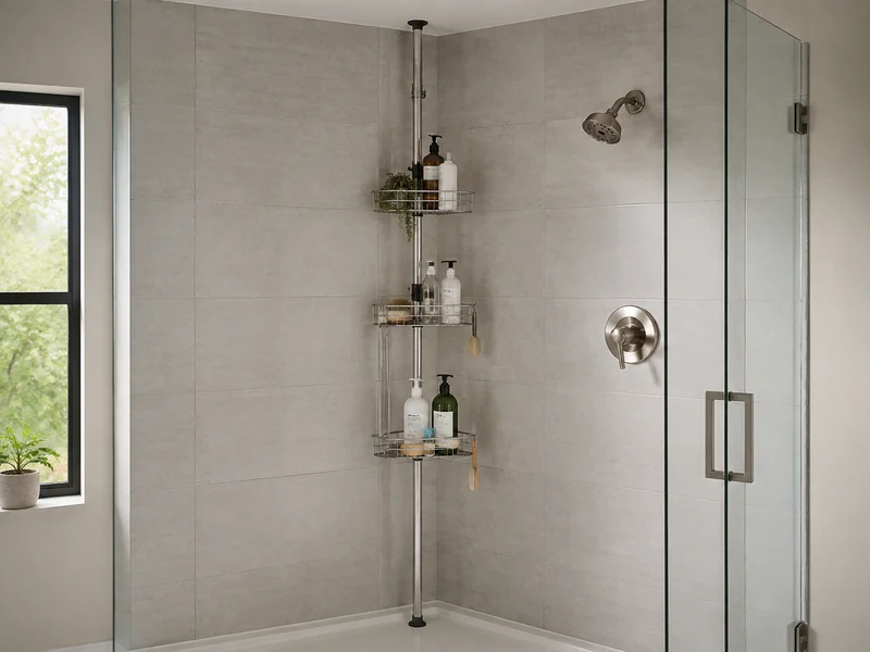 Original unbranded illustration of a full-height silver tension-pole shower caddy with three adjustable wire baskets in a tiled corner.