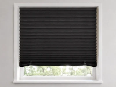 Original unbranded format illustration of a black pleated paper shade inside a white window recess with two small clips holding the lower folds.