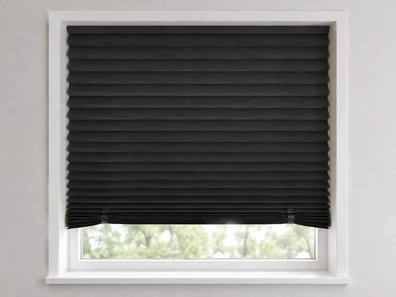 Original unbranded format illustration of a black pleated paper shade inside a white window recess with two small clips holding the lower folds.