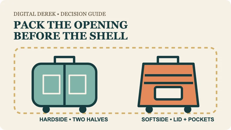 Original diagram comparing a hardside clamshell carry-on with a softside lid-opening carry-on inside an airline sizer outline.