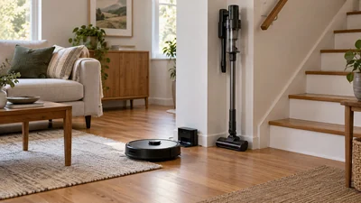 AI illustration of generic robot and stick vacuums near a living-room floor and stairs; not the named products.