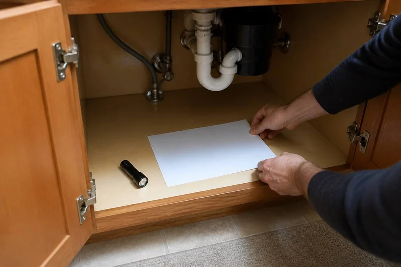 Hands placing a plain sheet of paper on a dry cabinet floor below visible kitchen-sink plumbing.