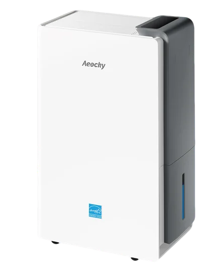 Exact white and dark gray AEOCKY Rhea-003 dehumidifier shown from the front-right in AEOCKY's official manufacturer rendering.