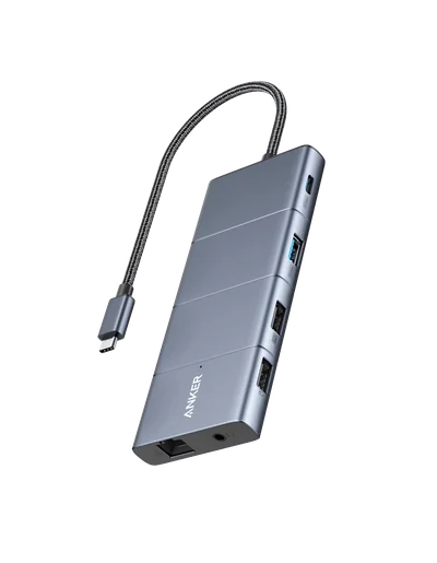 Manufacturer photo of the gray Anker 565 A8388 hub and attached USB-C host cable.
