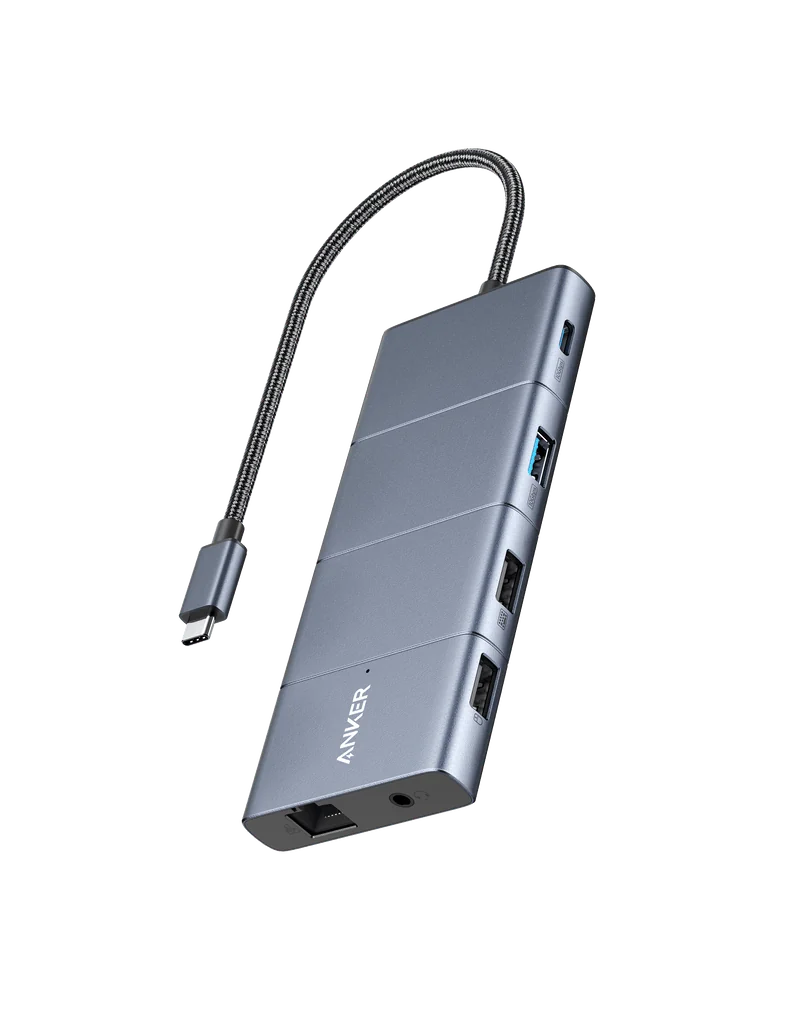 Manufacturer photo of the gray Anker 565 A8388 hub and attached USB-C host cable.