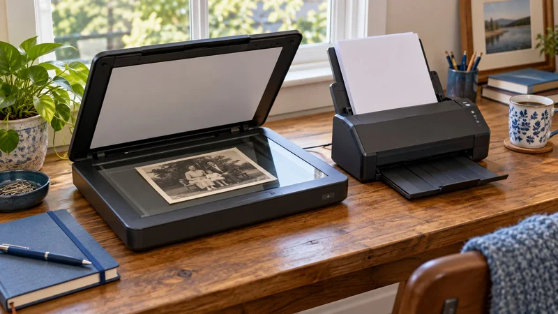 AI illustration of generic flatbed and sheet-fed scanners on a paperwork desk; not the named products.