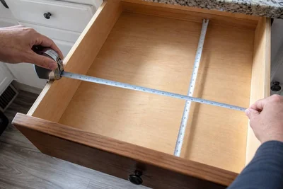 Hands measuring the usable width and depth inside an empty kitchen drawer.