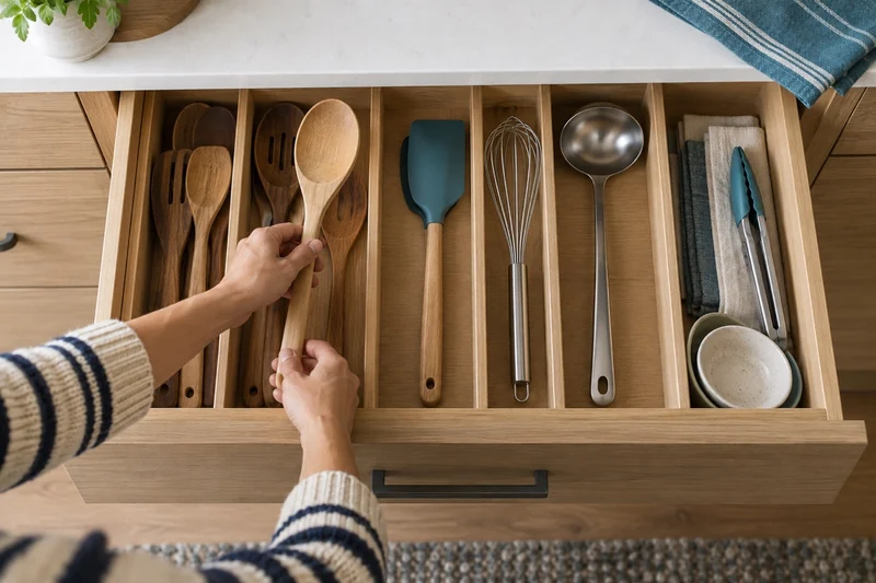 AI illustration of hands arranging long cooking utensils in a divided kitchen drawer.