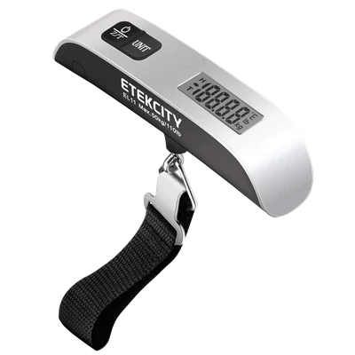 Silver Etekcity EL11 digital luggage scale with its strap and display on a transparent background.