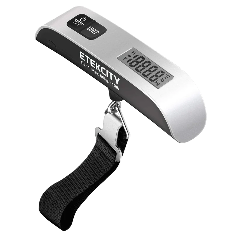 Silver Etekcity EL11 digital luggage scale with its strap and display on a transparent background.