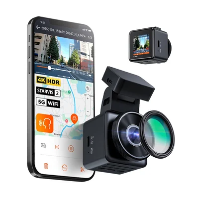 Official Vantrue E1 Pro compact front dash camera with its mount and power accessories on a white background.