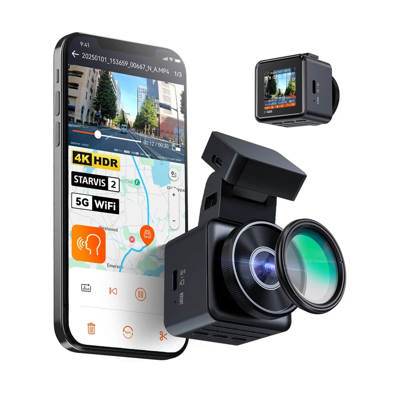 Official Vantrue E1 Pro compact front dash camera with its mount and power accessories on a white background.