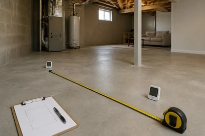 Tape measure, clipboard, and two unbranded humidity monitors placed across an ordinary unfinished basement before appliance sizing.