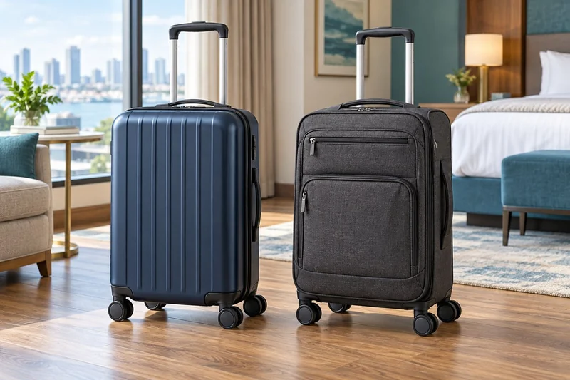 AI illustration of a navy hardside carry-on and charcoal softside carry-on in a hotel room.