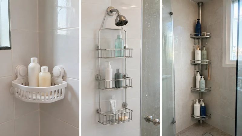 Three ordinary tiled shower bays compare a white suction corner basket, a silver showerhead-hung caddy, and a full-height silver tension-pole caddy.