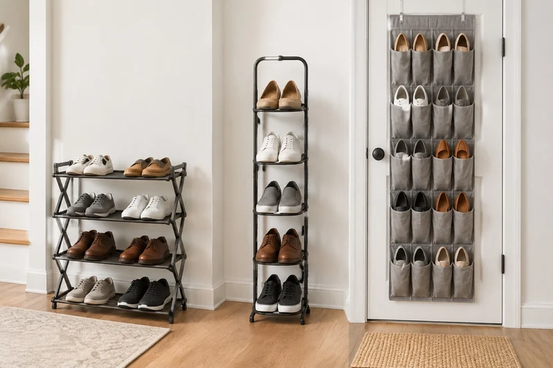 Three small-entryway shoe-storage formats shown side by side: an expandable open rack, a narrow vertical tower, and a fabric over-door pocket organizer.