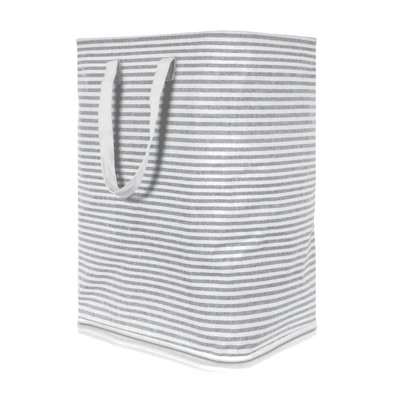 Gray-and-white striped Lifewit 72-liter freestanding soft laundry hamper with two long fabric handles.