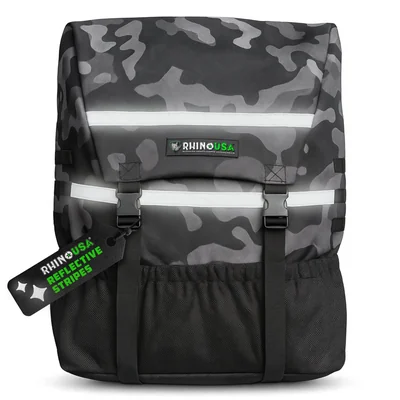 Official camouflage Rhino USA exterior trash bag with straps and front pocket on a white background.