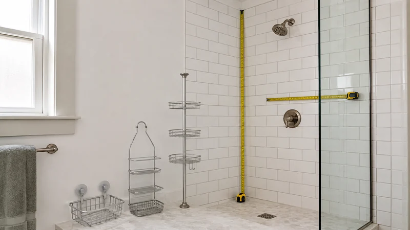 An ordinary tiled shower with a tape measure marking the corner height and wall space beside suction, hanging, and tension-pole storage formats.