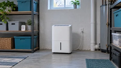 AI illustration of a generic dehumidifier in a bright basement utility room; not the named model.