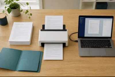 AI illustration of a document scanner, paper stack and laptop application workflow.