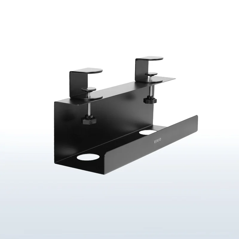 Black VIVO DESK-CM6L-B steel cable-management tray with two padded hand-tightened desk clamps on a white background.