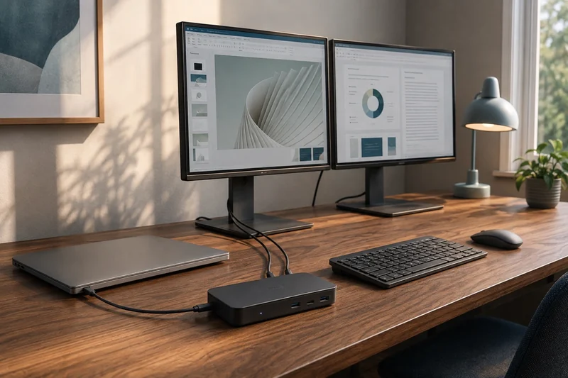 AI illustration of two desktop monitors, a closed laptop and a generic docking station in a home office.