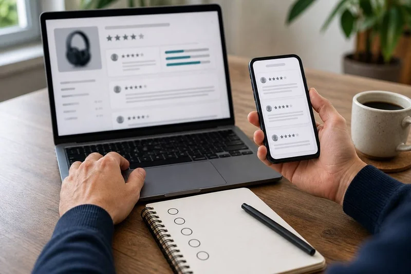 Hands comparing generic online review evidence across a laptop and phone.
