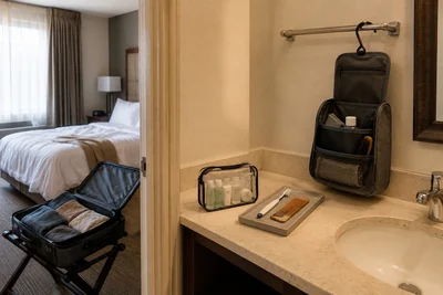 A small hotel bathroom organized into a sealed liquids pouch, a dry grooming tray, and a hanging unbranded toiletry bag beside an open suitcase.