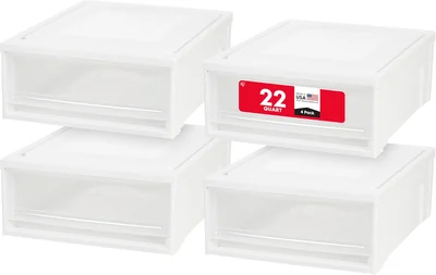 Four white IRIS USA 22-quart under-bed storage drawers arranged as the exact four-pack.