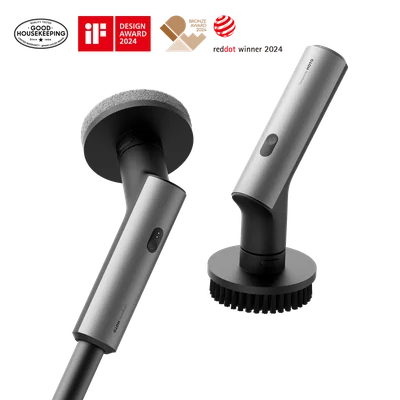 HOTO Electric Spin Scrubber HFE0003GL or QWQJS001 shown with its long handle and round brush heads on a white background.