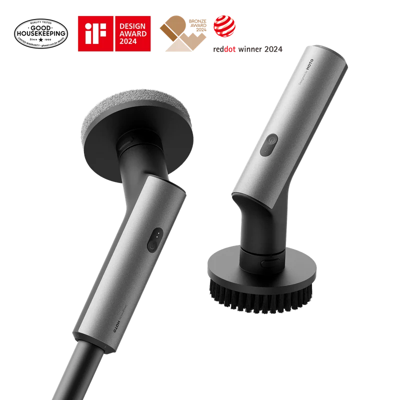 HOTO Electric Spin Scrubber HFE0003GL or QWQJS001 shown with its long handle and round brush heads on a white background.
