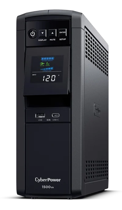 Manufacturer photo of the CyberPower CP1500PFCLCD with color LCD and front USB-A and USB-C charging ports.