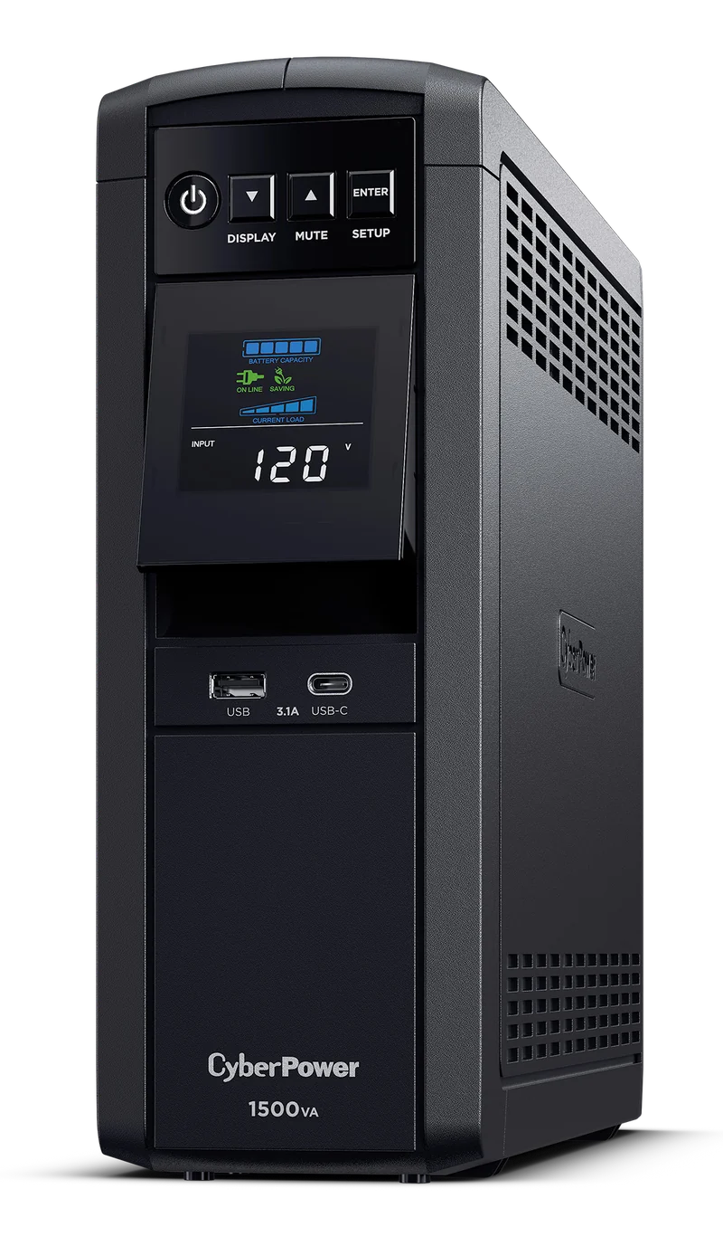Manufacturer photo of the CyberPower CP1500PFCLCD with color LCD and front USB-A and USB-C charging ports.