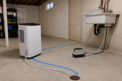 Unbranded dehumidifier, gravity hose, and separate condensate pump arranged in a clean basement to compare lower-drain and elevated-sink routes.