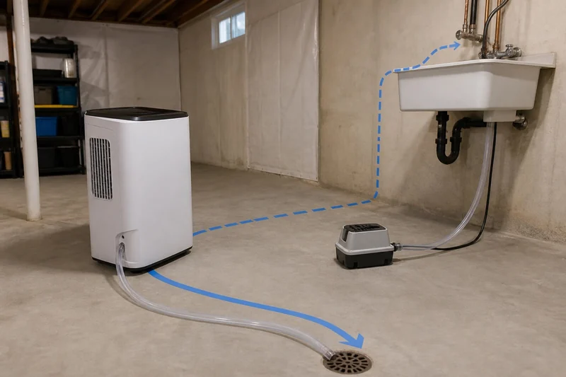 Unbranded dehumidifier, gravity hose, and separate condensate pump arranged in a clean basement to compare lower-drain and elevated-sink routes.