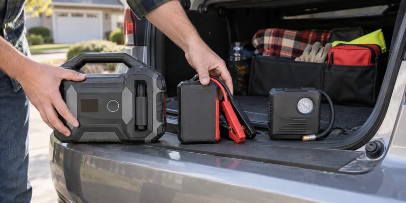 AI illustration of hands comparing a generic jump-starter and tire-inflator combo with separate emergency tools at an open car trunk.