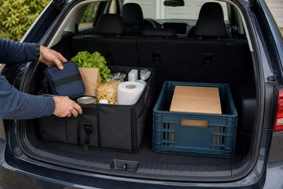 An open car trunk with a fabric organizer for loose groceries beside a rigid crate holding a box.