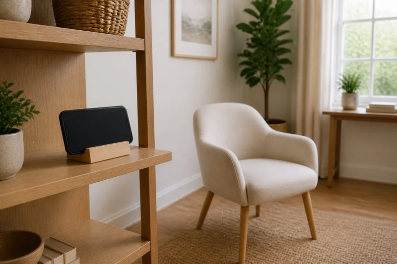 A phone rests safely on a sturdy shelf at seated eye level facing an empty chair.