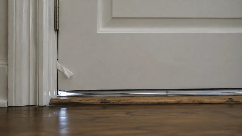 A closed exterior door in an ordinary home with a small visible corner gap and a lightweight tissue used to locate air movement along the jamb.