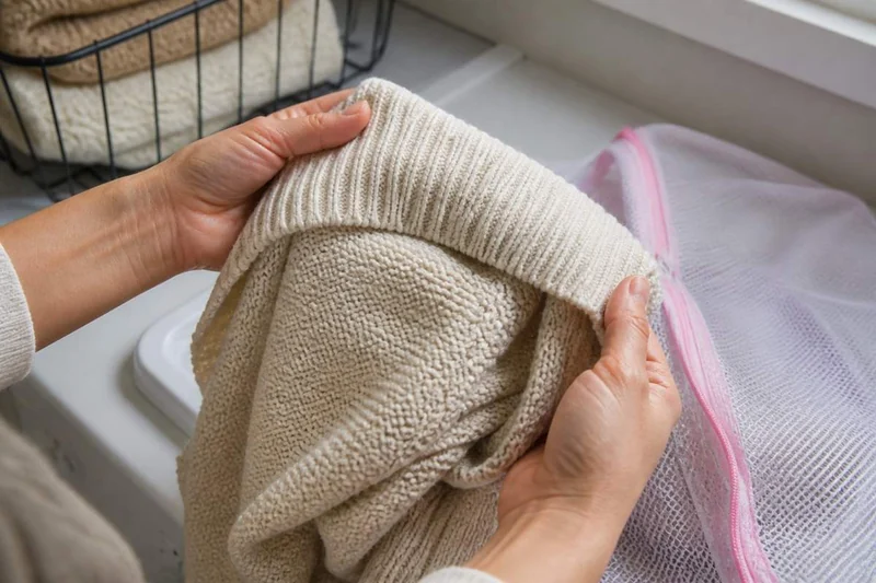 Hands turning a knit sweater inside out beside a mesh laundry bag.