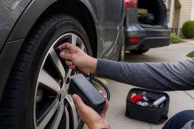 Hands connect an unbranded compact tire inflator to a parked car tire beside an open roadside emergency kit.