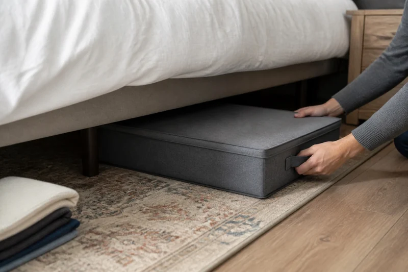 Hands slide an unbranded low-profile fabric storage container beneath a bed while checking the available clearance and exit path.