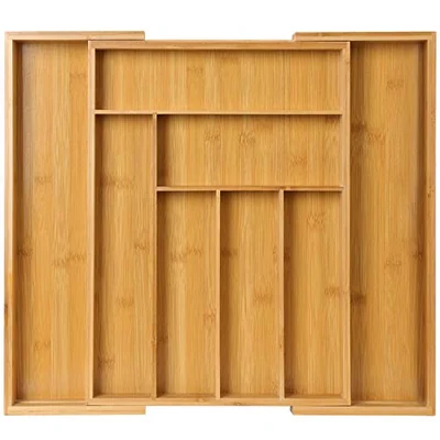 Pipishell PIBCT bamboo expandable drawer organizer shown empty and expanded on a white background.