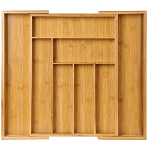 Pipishell PIBCT bamboo expandable drawer organizer shown empty and expanded on a white background.