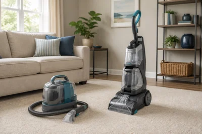 AI illustration of a compact spot cleaner beside a larger upright carpet cleaner in a living room.