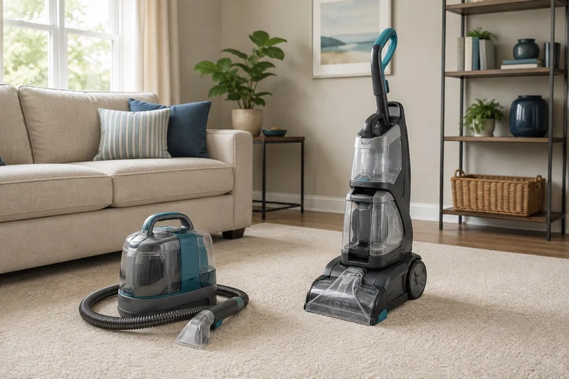 AI illustration of a compact spot cleaner beside a larger upright carpet cleaner in a living room.