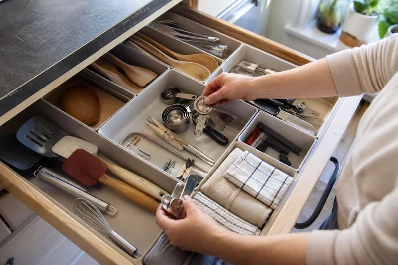Hands sorting everyday cooking tools into useful zones inside a kitchen drawer.